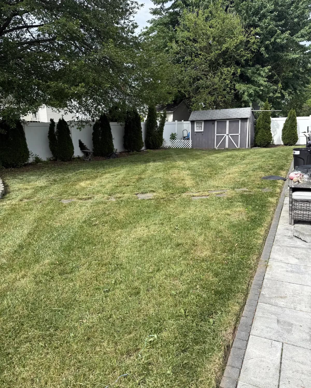 An evenly cut backyard lawn in front of a shed